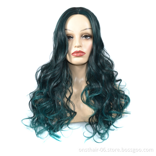 Best Price 24inch Long Ombre Green Light Synthetic Wigs Middle Part Water Wave Cosplay Wig For Black Woman Heat Resistant Fibre